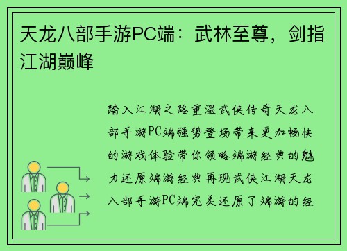天龙八部手游PC端：武林至尊，剑指江湖巅峰